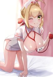 1girl, absurdres, ahoge, alternate costume, arm support, bangs, bed, bent over, blonde hair, blush, bow, breasts, cleavage, dress, eyebrows visible through hair, fate/grand order, fate (series), green eyes, hair intakes, highres, hospital bed, indoors, large breasts, licking lips, name tag, nero claudius (fate), nero claudius (fate) (all), one eye closed, smile, stethoscope, tongue, tongue out, twitter username, yayoi maka