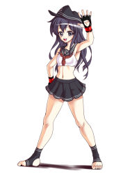 Rule 34 | 1girl, adapted uniform, akatsuki (kancolle), fingerless gloves, gloves, kantai collection, long hair, looking at viewer, midriff, mixed martial arts, mma gloves, navel, purple hair, rigid, simple background, solo, sports bra, white background