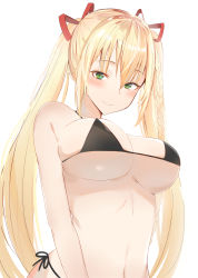 .live 1girl absurdres bikini black_bikini blonde_hair blush braid breasts cleavage dogxfish green_eyes hair_ribbon highres kongou_iroha large_breasts long_hair looking_at_viewer navel red_ribbon ribbon side-tie_bikini_bottom simple_background smile solo standing swimsuit twintails underboob upper_body very_long_hair virtual_youtuber white_background