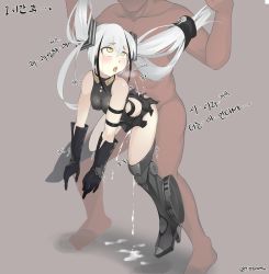 Rule 34 | 1boy, 1girl, absurdres, blush, clothed female nude male, cum, cum in pussy, dangling legs, destroyer (girls&#039; frontline), drooling, eyebrows, full body, girls&#039; frontline, grabbing another&#039;s hair, hetero, highres, kim da-yoon, korean text, long hair, nude, open mouth, cum overflow, rolling eyes, sex, sex from behind, simple background, solo focus, spread legs, steam, tears, tongue, tongue out, twintails, twitter