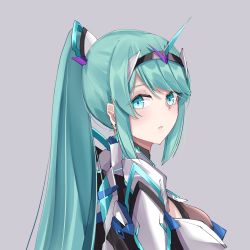 Rule 34 | 1girl, chest jewel, earrings, from side, green hair, grey background, highres, jewelry, long hair, looking at viewer, pneuma (xenoblade), ponytail, sarasadou dan, simple background, solo, spoilers, swept bangs, tiara, xenoblade chronicles (series), xenoblade chronicles 2