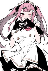 Rule 34 | 1girl, absurdres, adapted costume, alternate costume, aneco (westsea1227), apron, black dress, blush, death-sensei (mori calliope), dress, enmaided, hair ornament, hairclip, heart, heart hands, highres, hololive, hololive english, maid, maid apron, maid headdress, mori calliope, parted lips, pink eyes, pink hair, skull hair ornament, smile, solo, twintails, virtual youtuber