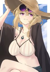 Rule 34 | 1girl, arknights, bikini, bikini top only, black cardigan, blonde hair, blue shorts, breasts, cardigan, cleavage, collarbone, commentary, eyewear on head, fang, hand on headwear, hat, highres, jewelry, konota ko, large breasts, crossed legs, navel, necklace, official alternate costume, one-hour drawing challenge, open cardigan, open clothes, purple eyes, shorts, sitting, skin fang, solo, straw hat, sunglasses, swimsuit, swimsuit cover-up, utage (arknights), utage (summer flowers) (arknights), white bikini