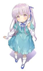 Rule 34 | 1girl, atage, blue dress, blue footwear, blue ribbon, blush, copyright request, dress, full body, hair ribbon, hand up, layered sleeves, long hair, long sleeves, looking at viewer, neck ribbon, one side up, parted lips, puffy short sleeves, puffy sleeves, purple eyes, purple hair, ribbon, shoes, short over long sleeves, short sleeves, simple background, socks, solo, standing, white background, white socks