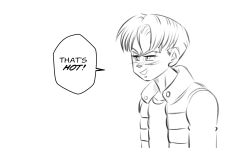 Rule 34 | 1boy, blush, collar, collared jacket, dragon ball, dragon ball super, english text, funsexydb, graphite (medium), greyscale, highres, jacket, monochrome, open clothes, open jacket, short hair, simple background, solo, speech bubble, surprised, talking, traditional media, trunks (dragon ball), trunks (future) (dragon ball), white background