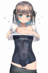 Rule 34 | 1girl, black one-piece swimsuit, black ribbon, blue eyes, brown hair, clothes lift, commentary request, cowboy shot, grey skirt, hair ribbon, highres, looking at viewer, name tag, one-piece swimsuit, original, pleated skirt, ranf, ribbon, school swimsuit, shirt, shirt lift, short hair, simple background, skirt, solo, swimsuit, t-shirt, two side up, undressing, white background, white shirt