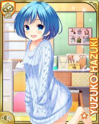 Rule 34 | 1girl, bare legs, barefoot, bedroom, blue eyes, blue hair, card, character name, day, girlfriend (kari), hands in pockets, hazuki yuzuko, indoors, official art, open mouth, pockets, qp:flapper, short hair, solo, standing, sweater, tagme, white sweater
