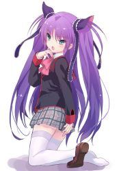 Rule 34 | 1girl, :o, asami yuriko, blue eyes, bow, fang, from behind, full body, kneeling, little busters!, long hair, looking at viewer, looking back, pink bow, plaid, plaid skirt, purple hair, purple thighhighs, sasasegawa sasami, school uniform, shoes, simple background, single shoe, skirt, solo, thighhighs, twintails, two side up, white background