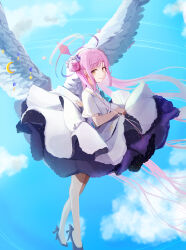Rule 34 | 1girl, absurdres, angel wings, black footwear, blue archive, blue bow, blue sky, bow, breasts, cheosnuni, closed mouth, clothes lift, cloud, commentary, crescent, day, dress, dress lift, feathered wings, full body, hair bun, halo, high heels, highres, korean commentary, long hair, looking at viewer, medium breasts, mika (blue archive), outdoors, pink hair, short sleeves, sidelocks, single side bun, skirt hold, sky, smile, solo, star (symbol), very long hair, white dress, white wings, wings, yellow eyes