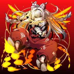 Rule 34 | 1girl, black footwear, blush, bow, bright pupils, cigarette, commentary request, eyebrows hidden by hair, fiery wings, fingerless gloves, fire, floating hair, fujiwara no mokou, full body, gloves, hair bow, highres, holding, holding cigarette, inagata, long hair, looking at viewer, ofuda, ofuda on clothes, open mouth, pants, pyrokinesis, red eyes, red pants, shirt, shoes, solo, suspenders, teeth, touhou, upper teeth only, v-shaped eyebrows, very long hair, white bow, white hair, white pupils, white shirt, wings