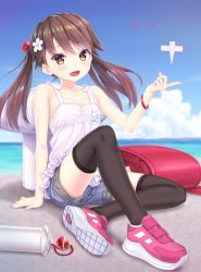 Rule 34 | 1girl, alternate costume, backpack, bag, black thighhighs, blue shorts, blush, brown eyes, brown hair, collarbone, commentary request, day, gotou hisashi, hair between eyes, highres, kantai collection, long hair, open mouth, pink footwear, randoseru, ryuujou (kancolle), shoes, shorts, smile, solo, thighhighs, twintails