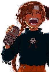 Rule 34 | 1girl, akigumo (kancolle), alcohol, beer, beer can, brown hair, can, closed eyes, commentary request, cowboy shot, drink can, green sweater, hair ribbon, highres, kantai collection, kasuta.net, long hair, orange skirt, ponytail, ribbon, simple background, skirt, smile, solo, sweater, teeth, translation request, white background