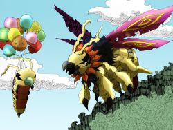 Rule 34 | balloon, blue sky, bug, digimon, digimon (creature), floating, flying, flymon, insect wings, kunemon, looking at another, no humans, sky, what, wings
