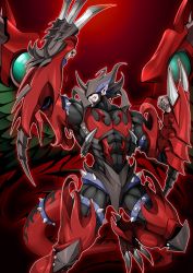 Rule 34 | 1boy, abs, absurdres, armor, artist request, covered eyes, destiny hero - destroyer phoenix enforcer, duel monster, feathered wings, flying, full armor, highres, holding, holding sword, holding weapon, horns, large pectorals, looking to the side, parted lips, pectorals, pointy ears, single horn, solo, spiked tail, sword, tail, weapon, wings, yu-gi-oh!