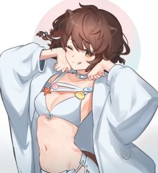 Rule 34 | 1girl, ;q, animal ears, arknights, bikini, brown eyes, brown hair, coat, groin, highres, looking at viewer, mabing, navel, official alternate costume, one eye closed, open clothes, open coat, roberta (arknights), roberta (summer flowers) (arknights), short hair, solo, stomach, swimsuit, tongue, tongue out, upper body, white background, white bikini, white coat