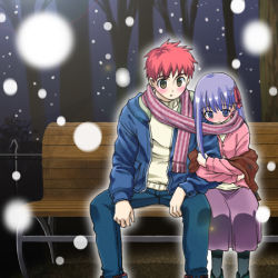 Rule 34 | 00s, emiya shirou, fate/stay night, fate (series), lowres, matou sakura, scarf, shared clothes, shared scarf, snow, snowing
