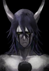 Rule 34 | 1boy, black background, bleach, blue hair, close-up, colored sclera, demon boy, demon horns, green sclera, hair between eyes, highres, hishui prpr, hole in chest, hole on body, horns, horror (theme), male focus, pectoral cleavage, pectorals, short hair, solo, topless male, ulquiorra cifer, upper body, yellow eyes