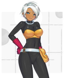 Rule 34 | 1girl, belt, blue eyes, bodysuit, breasts, bustier, cameltoe, chunsoft, dark-skinned female, dark skin, dragon quest, dragon quest iii, earrings, enix, gloves, hand on own hip, hip focus, jewelry, large breasts, latex, latex suit, looking at viewer, mahito, necklace, no panties, pearl necklace, pouch, short hair, silver hair, smile, solo, square enix, thief (dq3)