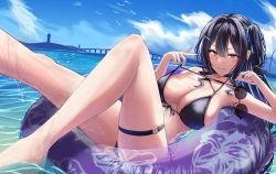 Rule 34 | 1girl, bikini, black bikini, black hair, blue hair, blue ribbon, blush, breasts, cleavage, closed mouth, commentary request, hair ornament, hair ribbon, highres, holding, holding removed eyewear, innertube, large breasts, long hair, looking at viewer, md5 mismatch, mole, mole on breast, multicolored hair, ocean, original, partially submerged, purple eyes, resolution mismatch, ribbon, side ponytail, sideboob, silver bullet (ecc12 8), smile, solo, source smaller, strap pull, streaked hair, sunglasses, swim ring, swimsuit, thigh strap, thighs, unworn eyewear, wet