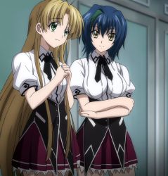 Rule 34 | 10s, 2girls, asia argento, blue hair, breasts, green eyes, high school dxd, highres, large breasts, long hair, multiple girls, school uniform, screencap, short hair, smile, standing, stitched, third-party edit, xenovia quarta, yellow eyes