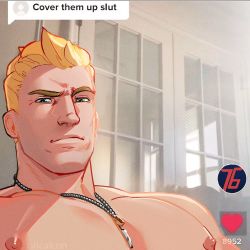 Rule 34 | 1boy, bara, blonde hair, closed mouth, cover them up slut (meme), dialogue box, jewelry, large pectorals, looking at viewer, male focus, meme, muscular, muscular male, necklace, nipples, oricalcon, overwatch, overwatch 1, pectoral focus, pectorals, soldier: 76 (overwatch), solo, tiktok, upper body