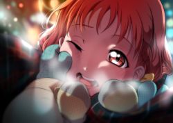 Rule 34 | 10s, 1girl, blush, breath, cheek pinching, commentary request, highres, love live!, love live! sunshine!!, mittens, one eye closed, open mouth, orange hair, out of frame, pinching, pov, pov hands, short hair, smile, solo focus, takami chika, yuuki (nijiiro palette)