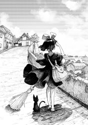 Rule 34 | 1girl, bag, broom, building, cat, cloud, cluseller, day, dress, female focus, from behind, full body, gradient sky, greyscale, hair ribbon, hand up, heel up, highres, holding, house, jiji (majo no takkyuubin), kiki (majo no takkyuubin), majo no takkyuubin, monochrome, outdoors, outline, ribbon, road, shading eyes, shoes, short hair, short sleeves, shoulder bag, sky, solo focus, standing, traditional media, tree, white outline, wide sleeves