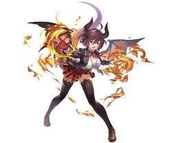 Rule 34 | 1girl, black thighhighs, blazer, breasts, brown hair, dragon horns, dragon tail, dragon wings, fire, full body, granblue fantasy, grea (shingeki no bahamut), horns, jacket, large breasts, long sleeves, looking at viewer, minaba hideo, official art, open mouth, pointy ears, red eyes, shingeki no bahamut, shirt, shoes, short hair, skirt, solo, tail, thighhighs, transparent background, wings