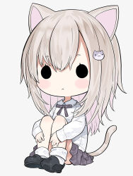 Rule 34 | 1girl, :&lt;, animal ears, black footwear, blush stickers, bow, brown hair, capriccio, cat ears, cat girl, cat hair ornament, cat tail, chibi, closed mouth, collared shirt, commentary request, full body, grey background, grey bow, grey skirt, hair between eyes, hair ornament, knees up, original, pleated skirt, shirt, shoes, short eyebrows, simple background, sitting, skirt, socks, solid oval eyes, solo, tail, white shirt, white socks
