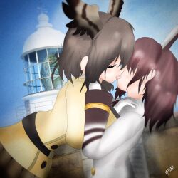Rule 34 | 2girls, artist name, belt, bird girl, black belt, blazer, blue sky, brown hair, brown skirt, buttons, closed eyes, coat, commentary request, crying, french kiss, gloves, head wings, highres, jacket, kemono friends, kiss, large buttons, lighthouse, medium hair, multiple girls, northern goshawk (kemono friends), peregrine falcon (kemono friends), photo background, pleated skirt, skirt, sky, spotlight, streaming tears, tears, textless version, weather vane, white gloves, white jacket, window, wings, yellow coat, yuri, yusan (pixiv id 5568948)