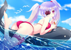 Rule 34 | 1girl, ass, bikini, character request, drink, eyepatch, feijitian, inflatable toy, light purple hair, long hair, lying, nail polish, on stomach, phantasy star, phantasy star online 2, pink eyes, revision, selvaria swimwear, senjou no valkyria (series), shark, swimsuit, twintails