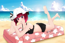 1girl arima_kana ass back bad_feet barefoot bikini black_bikini blush bob_cut breasts feet hat highres inverted_bob medium_hair open_mouth oshi_no_ko red_eyes red_hair short_hair small_breasts solo swimsuit toes white_hat wykui