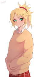 Rule 34 | 1girl, 2022, :/, artist name, blonde hair, blush, brown sweater, closed mouth, cowboy shot, darahan, fate/apocrypha, fate/grand order, fate (series), green eyes, hair ornament, hair scrunchie, hands in pockets, long hair, long sleeves, looking at viewer, mordred (fate), mordred (fate/apocrypha), plaid, plaid skirt, ponytail, red scrunchie, red skirt, scrunchie, shirt, shirt under sweater, simple background, skirt, smile, solo, sweater