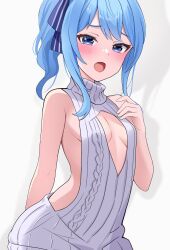 Rule 34 | 1girl, alternate costume, bare shoulders, blue eyes, blue hair, blush, breasts, cleavage, cleavage cutout, clothing cutout, fawny, furrowed brow, highres, hololive, hoshimachi suisei, looking at viewer, open mouth, ponytail, sideless outfit, sidelocks, sleeveless, sleeveless sweater, small breasts, solo, star (symbol), star in eye, sweater, symbol in eye, turtleneck, turtleneck sweater, upper body, virtual youtuber, white background, white sweater