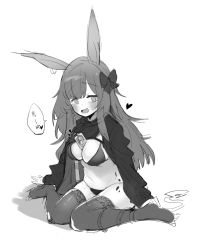 Rule 34 | 1girl, :d, animal ears, arknights, between breasts, blush, bra, breasts, cleavage, clothes lift, commentary request, greyscale, groin, heart, highres, korean commentary, korean text, large breasts, lifting own clothes, long hair, looking at viewer, monochrome, open mouth, panties, rabbit ears, retri, rope (arknights), shadow, simple background, sitting, sketch, smile, solo, speech bubble, sweater, sweater lift, thighhighs, translation request, underwear, wariza, white background