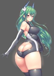 Rule 34 | 1girl, ass, bare shoulders, borrowed character, breasts, butt crack, covered erect nipples, cowboy shot, elbow gloves, gloves, green hair, grey background, hakai shin, highres, large breasts, long hair, looking at viewer, looking back, menou kaname (taishi), pink eyes, raised eyebrows, simple background, skindentation, smile, solo, standing, thick thighs, thighs, very long hair