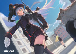 Rule 34 | 2girls, assault rifle, blonde hair, blue sky, blurry, building, cat, character name, clothes writing, day, depth of field, from below, g3 (girls&#039; frontline), girls&#039; frontline, gloves, green eyes, gun, h&amp;k hk416, hat, heckler &amp; koch, hk416 (girls&#039; frontline), long hair, looking at viewer, looking down, marching, military, military uniform, multiple girls, outdoors, pleated skirt, rifle, scenery, sima naoteng, skirt, sky, teardrop tattoo, thighhighs, uniform, weapon, white hair