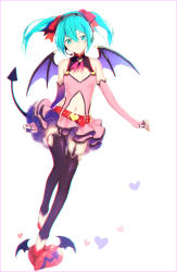 Rule 34 | 1girl, aqua eyes, aqua hair, bad id, bad pixiv id, belt, breasts, cleavage, demon girl, demon tail, demon wings, eyelashes, hair ornament, hakusai (tiahszld), hatsune miku, heart, heart hunter, heart hunter (module), high heels, holster, looking at viewer, navel, project diva, project diva (series), skirt, small breasts, smile, solo, tail, thigh holster, thighhighs, twintails, vocaloid, white background, wings, zettai ryouiki