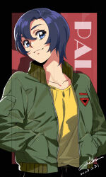 Rule 34 | 1girl, after war gundam x, artist name, black border, black hair, blue eyes, border, character name, closed mouth, cowboy shot, dated, green jacket, gundam, hair between eyes, hands in pockets, head tilt, jacket, long sleeves, looking at viewer, open clothes, open jacket, outside border, pala sys, red background, shirt, short hair, signature, smile, solo, werkbau, yellow shirt