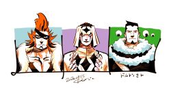 Rule 34 | 3boys, blue background, commentary, commentary request, dalton (one piece), dated, eye mask, facial hair, fur collar, goatee, green background, hairband, kotteri, looking at viewer, looking to the side, male focus, multiple boys, one piece, orange hair, pell, purple background, short hair, upper body, x drake