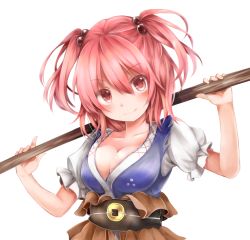 Rule 34 | 1girl, belt, breasts, chikuwa savy, cleavage, collarbone, female focus, hair bobbles, hair ornament, large breasts, looking at viewer, onozuka komachi, puffy short sleeves, puffy sleeves, red eyes, red hair, sash, scythe, shirt, short sleeves, simple background, smile, solo, touhou, two side up