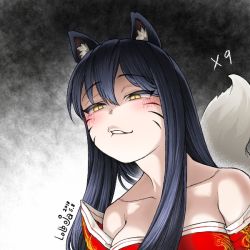 Rule 34 | 1girl, ahri (league of legends), animal ears, black hair, blush, breasts, cleavage, collarbone, fox ears, fox tail, league of legends, lolboja, long hair, open mouth, solo, tail, yellow eyes