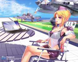 Rule 34 | 1girl, aircraft, airplane, belt, blonde hair, blue eyes, breasts, can, cecilia, cecilia (pangya), chair, computer, copyright name, cropped, day, fighter jet, hat, holding, jet, kamdia, laptop, large breasts, legs, crossed legs, long legs, midriff, military, military vehicle, miniskirt, pangya, short hair, sitting, skirt, sky, solo, table, thighs, wallpaper, watermark