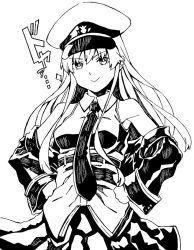 Rule 34 | 1girl, armpits, azur lane, bad id, bad twitter id, bare shoulders, between breasts, breasts, coat, collared shirt, commentary request, enterprise (azur lane), from below, greyscale, hands on own hips, hat, high contrast, long hair, looking at viewer, medium breasts, military, military uniform, miniskirt, monochrome, necktie, necktie between breasts, nikujaga ashu, peaked cap, pleated skirt, shirt, skirt, sleeveless, sleeveless shirt, smug, solo, underbust, uniform, upper body