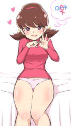 Rule 34 | 084 pro, 10s, 1girl, brown hair, curvy, hair ribbon, hairband, hand gesture, highres, interlocked mars and venus symbols, looking at viewer, low twintails, maroon eyes, mars symbol, no pants, on bed, osomatsu-kun, osomatsu-san, osomatsu (series), panties, penetration gesture, phallic symbol, pink panties, ribbon, sexually suggestive, short twintails, sitting, solo, thighs, turtleneck, twintails, underwear, venus symbol, white background, yonic symbol, yowai totoko