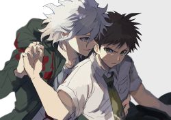 Rule 34 | 2boys, bad id, bad twitter id, black hair, breast pocket, brown eyes, brown hair, collarbone, collared shirt, commentary request, danganronpa (series), danganronpa 2: goodbye despair, green eyes, green neckwear, grey shirt, hand on another&#039;s stomach, highres, hinata hajime, holding hands, hood, hood down, hu (booktorabreak), komaeda nagito, long sleeves, looking at another, male focus, messy hair, multiple boys, necktie, open mouth, pocket, shirt, short hair, short sleeves, simple background, sketch, spiked hair, striped, sweatdrop, upper body, white hair, white shirt, yaoi
