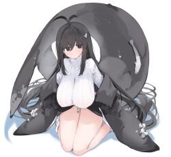 Rule 34 | 1girl, antenna hair, black eyes, black hair, black jacket, breasts, cetacean tail, fins, fish tail, hair ornament, huge breasts, jacket, kneeling, large tail, long hair, md5 mismatch, mikozin, original, ribbed sweater, simple background, solo, sweater, tail, thighs, turtleneck, turtleneck sweater, webp-to-png conversion, whale girl, white background, white sweater