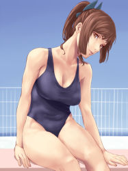 Rule 34 | 10s, 1girl, aged up, bare shoulders, breasts, brown eyes, brown hair, cleavage, female focus, gradient background, highleg, highleg swimsuit, i-401 (kancolle), ishii hisao, kantai collection, large breasts, long hair, looking at viewer, one-piece swimsuit, ponytail, realistic, short ponytail, sitting, solo, swimsuit