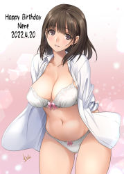 Rule 34 | 1girl, anegasaki nene, arms behind back, blush, bra, breasts, brown eyes, brown hair, character name, cleavage, collarbone, collared shirt, commentary request, cowboy shot, dated, dress shirt, gluteal fold, gradient background, happy birthday, large breasts, long hair, long sleeves, looking at viewer, love plus, mitarashi kousei, mole, mole under eye, navel, open clothes, open shirt, panties, parted lips, pink background, shirt, signature, smile, solo, stomach, unbuttoned, unbuttoned shirt, underwear, white bra, white panties, white shirt