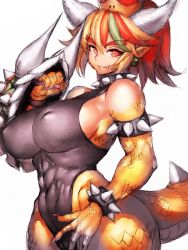 Rule 34 | 1girl, abs, armlet, black leotard, bowsette, breasts, commentary request, covered erect nipples, earrings, fumio (rsqkr), green hair, highres, horns, jewelry, large breasts, leotard, looking at viewer, mario (series), muscular, muscular female, new super mario bros. u deluxe, nintendo, pointy ears, red eyes, red hair, scales, shield, sideboob, simple background, solo, spiked armlet, super crown, tail, thick thighs, thighs, white background